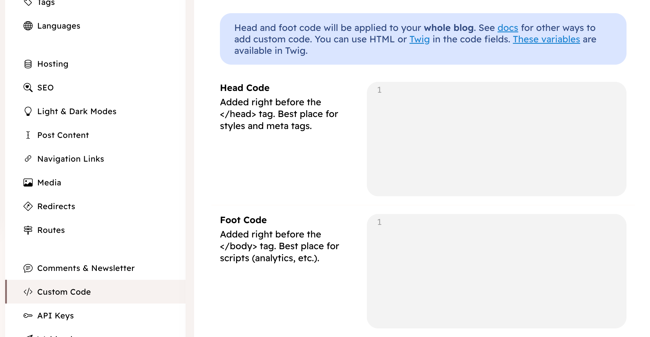Custom code in blog settings