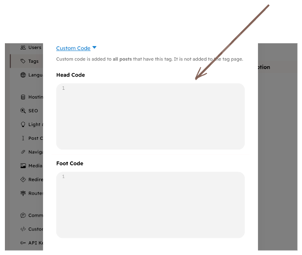 Custom code in tag settings